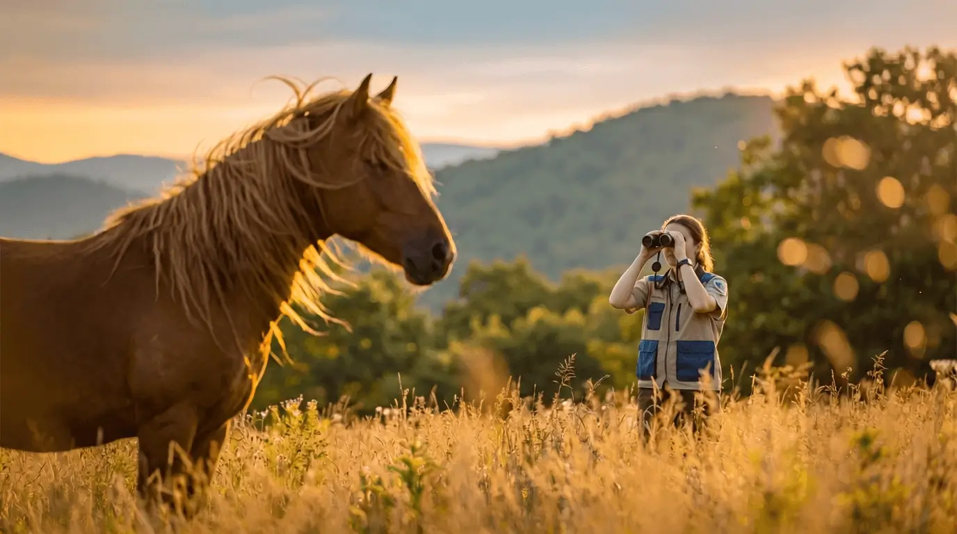 Pferd steht in freier Wildbahn und wird durch ein Fernglas beobachtet - animel kümmert sich um Tierschutz