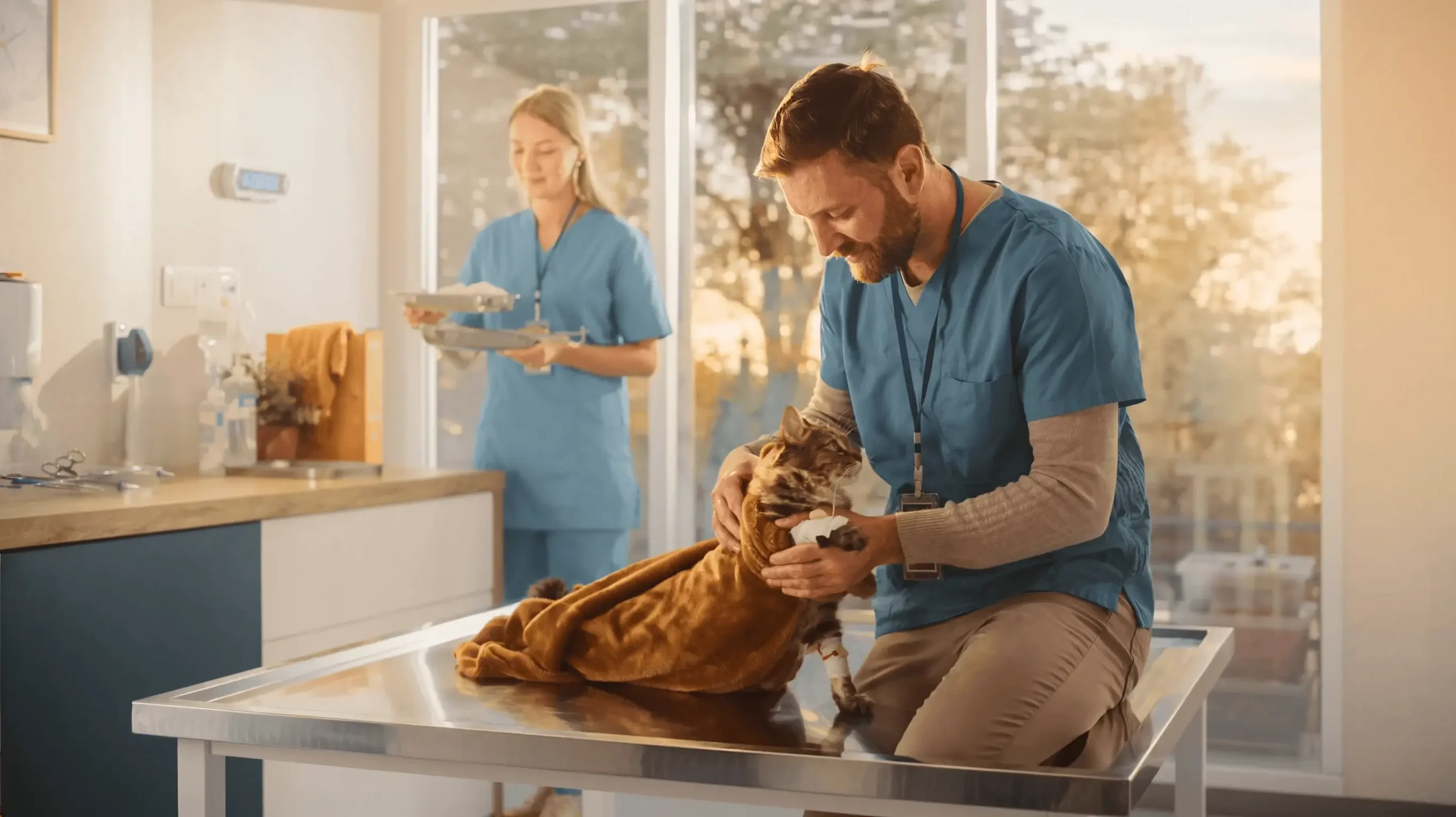 Veterinär kümmert sich um eine verletzte Katze in seiner Praxis - animel kümmert sich bei Notfällen