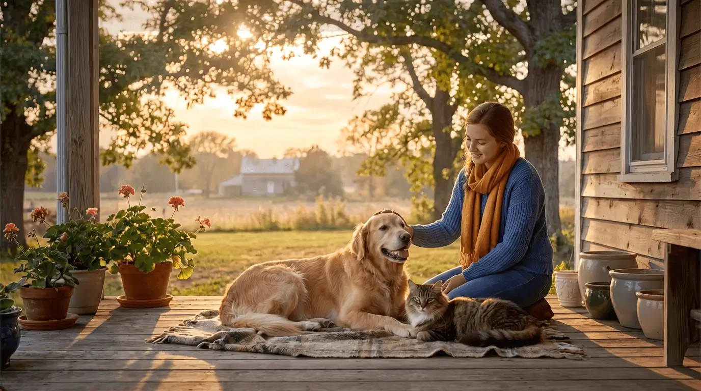 Hund und Katze auf einer Decke vor einem ländlichen Haus, beschützt von einer Frau