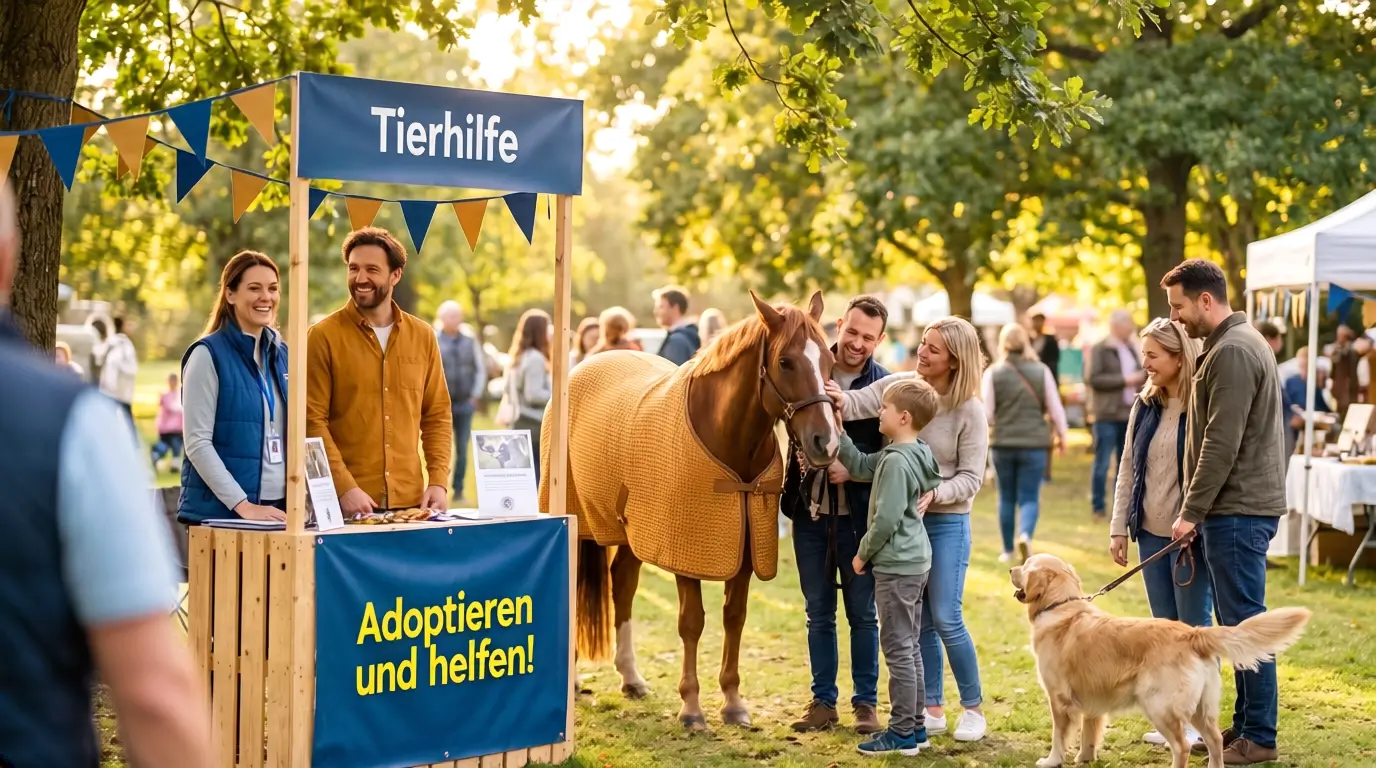 Veranstaltung im Grünen mit einem Stand zur Tieradoption und Menschen, die an Tieren interessiert sind.