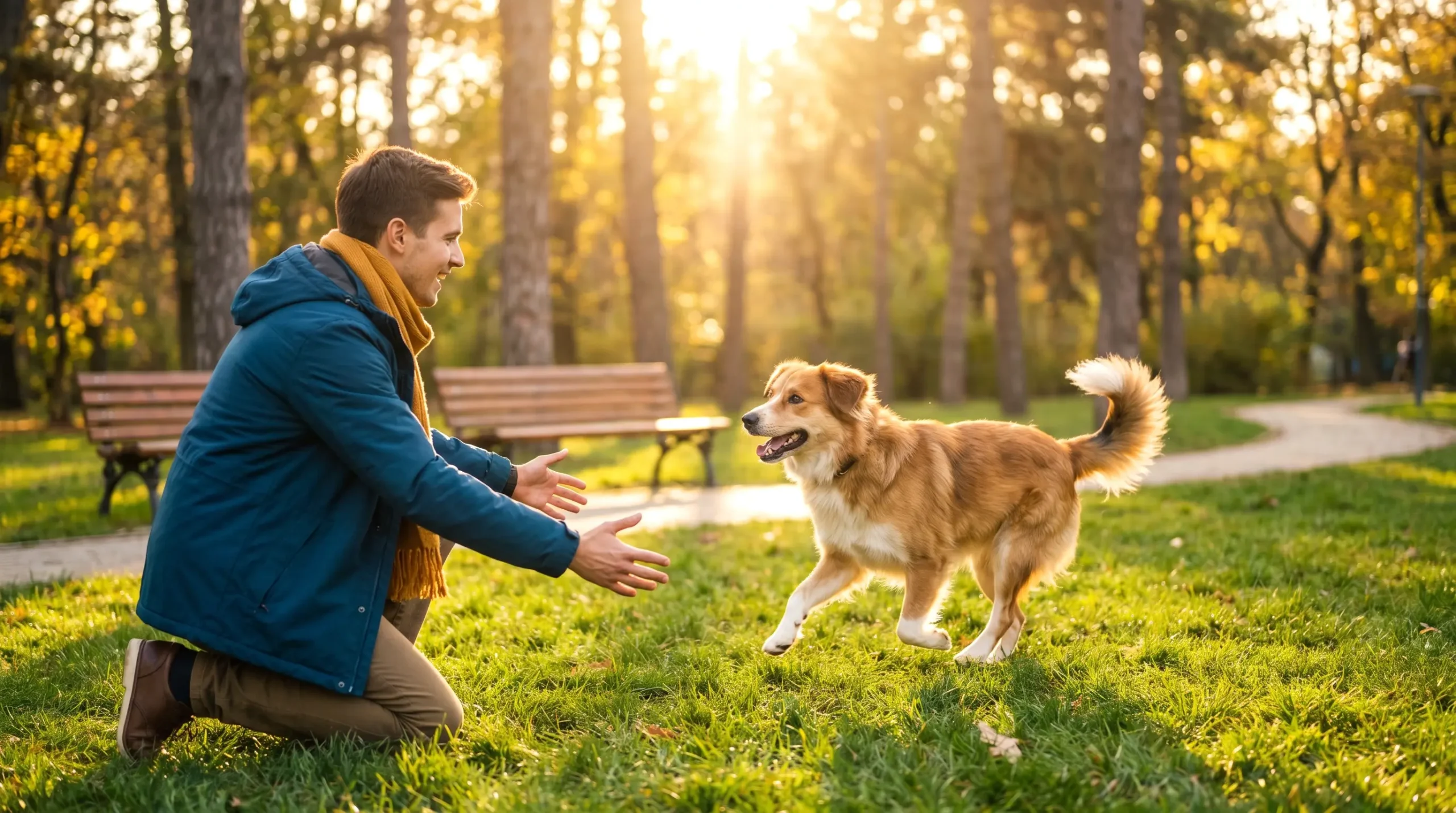 Hund kommt auf der Wies wieder zurück zu seinem glücklichen Besitzer